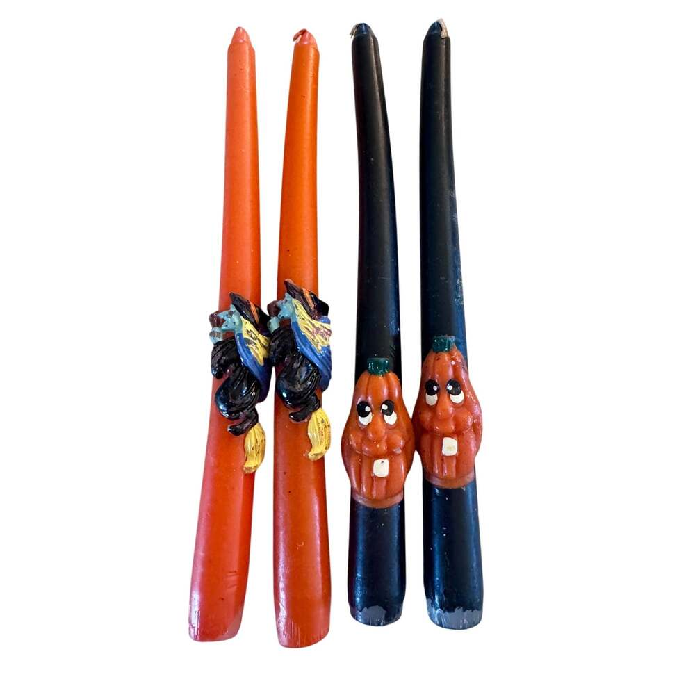 Vintage Halloween 10 Inch Taper Candles 2 Flying Witches 2 Jack-O-Lantern Pumkin